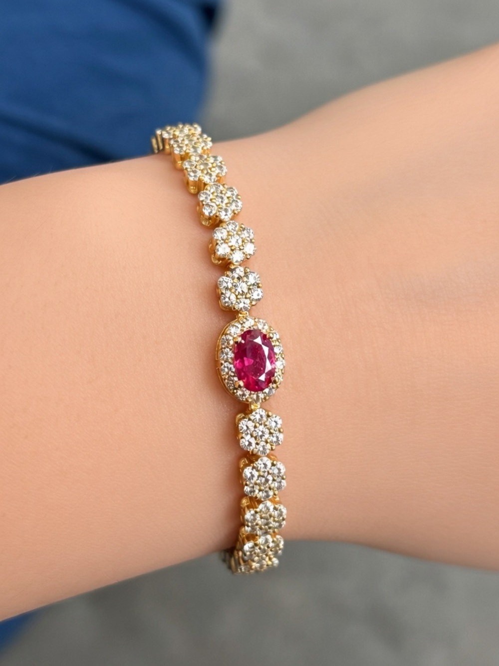 14k Gold-Plated Bracelet with Ruby Center and CZ Accents